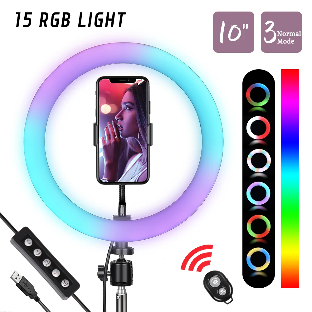 

Selfie 10 inch RGB Ring Light with Tripod Stand Phone Holder Camera Remote Shutter Brightness Levels Dimmable for Makeup,YouTube