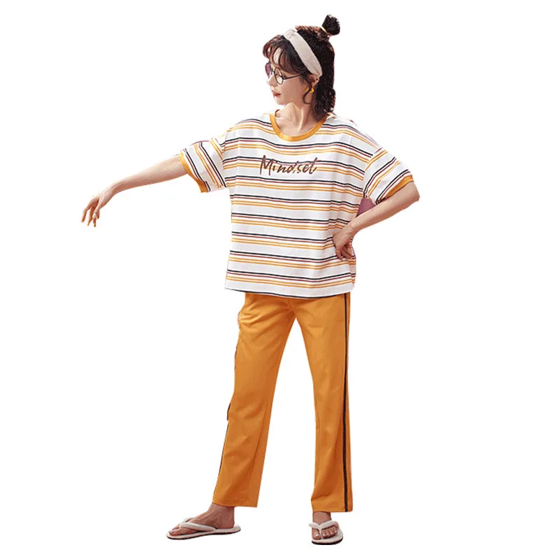 

2PCS Stripe Short Sleeve Shirt&Pant Pajamas Set Summer New Cotton Pyjamas Sleepwear Nightwear Large Size Loungewear Home Clothes
