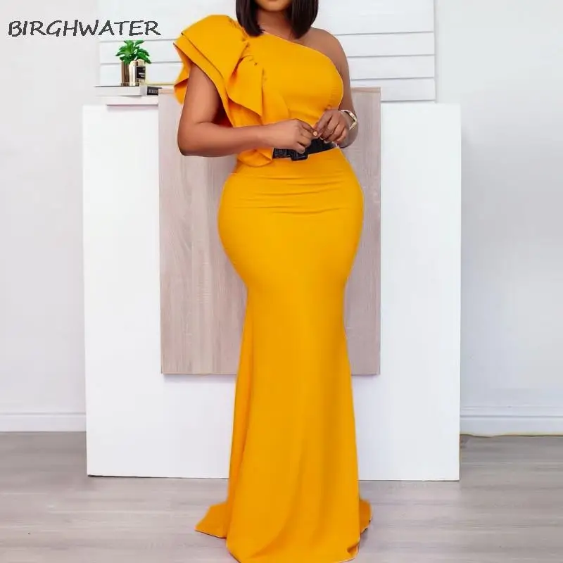 

No Belt One Shoulder African Dresses For Women 2021 Vetement Femme Yellow Africa Dress Clothes Vintage Ankara Ladies Dresses