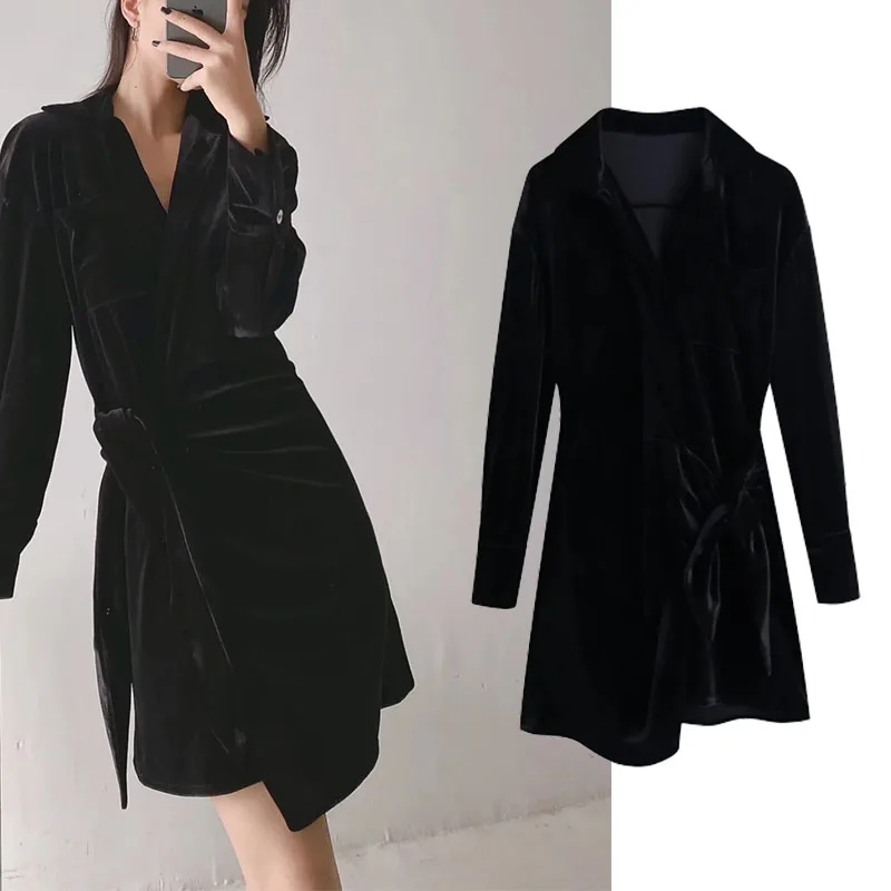 

Xypskh Za Women 2021 Autumn New Fashion Lacing Velvet Mini Dress Vintage Long Sleeve Folds Female Party Dresses Vestidos Mujer