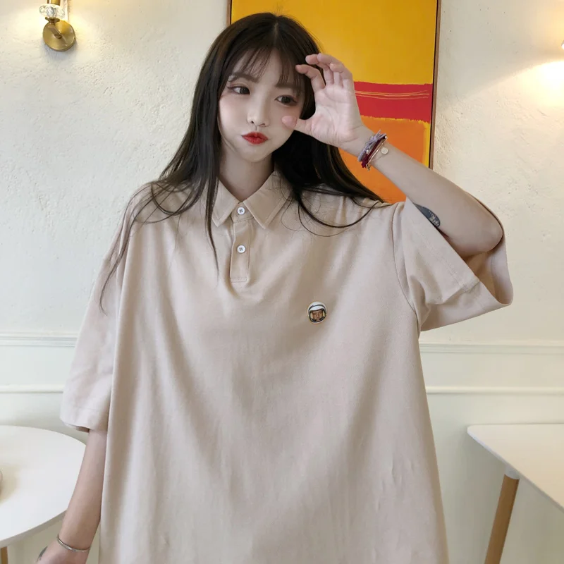 

Retro Lapels Polo Shirt Short Sleeve T-shirt Women's Fashionable Korean Ins Super Hot Net Red Loose Harajuku BF Style Half