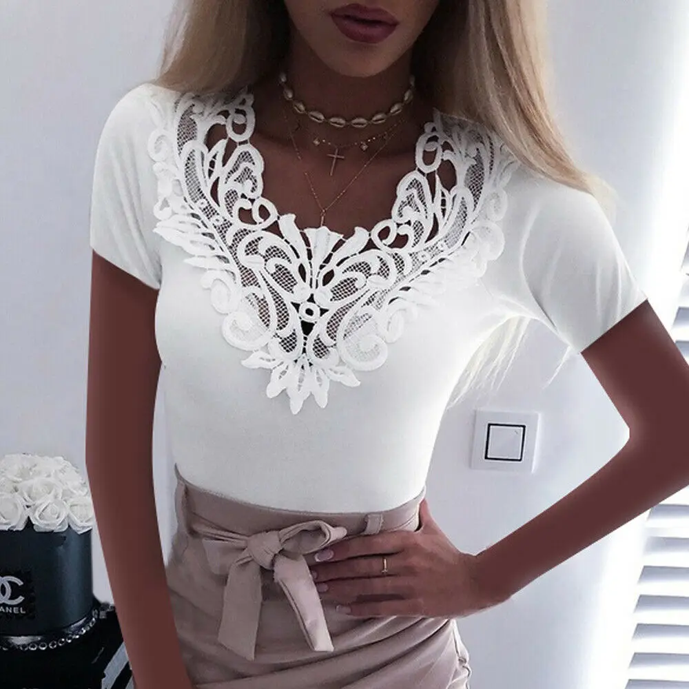 Женская Кружевная футболка с коротким рукавом V-образным вырезом | одежда