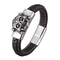 brown leather bracelets men wrist jewelry punk rock wristband stainless steel skull magnetic buckle vintage bangles gift pd0895