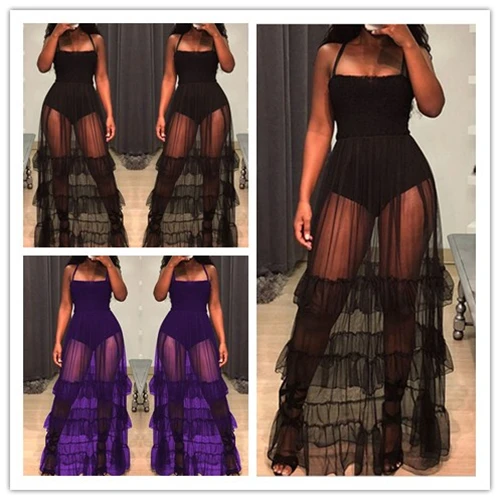 

Women Perspective Lace Dress Sexy Party Maxi Dress Fashion Lady Black Mesh Sleeveless Ruffle Long Dress