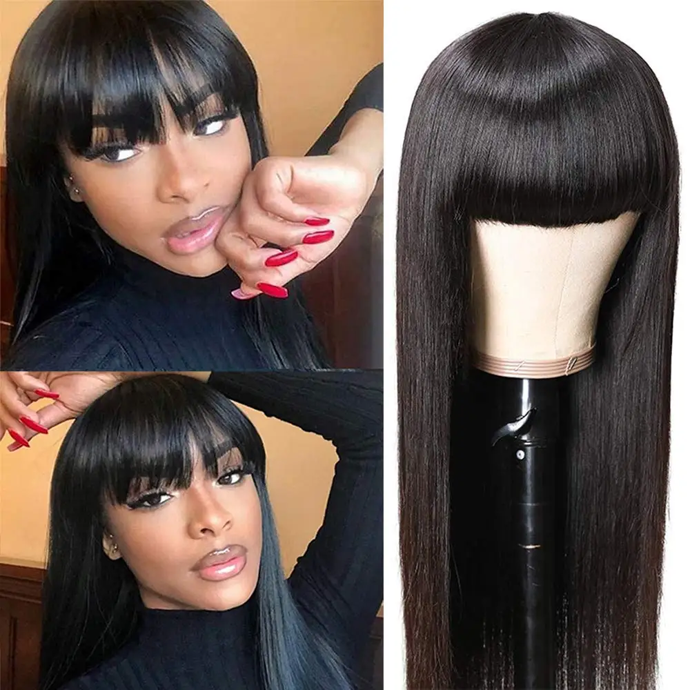 

Straight Human Hair Wigs With Bangs Short Bob Wig With Bangs Human Hair Bob Wigs Long Fringe Wig No Lace Full Machine Made Wigs