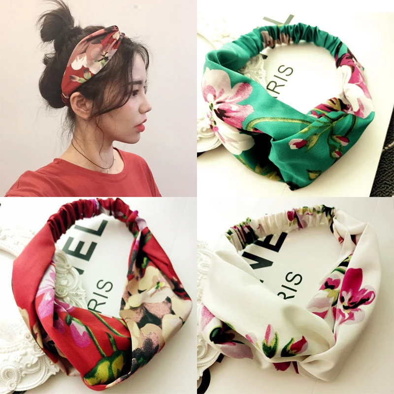 

Women Bohemian Flower Headband Elastic Cross Knot Hairbands Makeup Hair Band Retro Headwear for Girls Head Wrap Hair Accessories