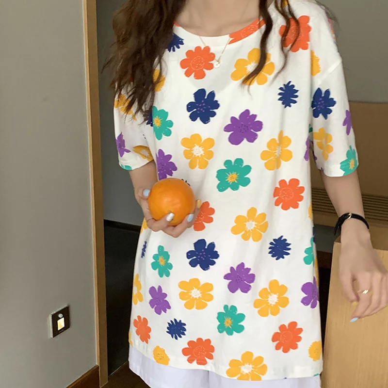 

Укороченные топы, летние футболки, женская одежда, облегающие топы с цветочным принтом, хлопковая блузка для женщин с круглым вырезом и коро...