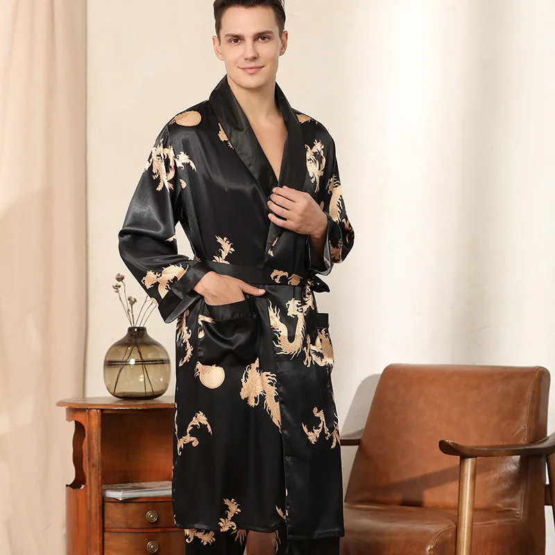 Male Satin Sleepwear Robe&Pants Dargon Pajamas Set Print Men Nightwear Kimono Bathrobe Gown Faux Silk Lounge Wear Home Clothes