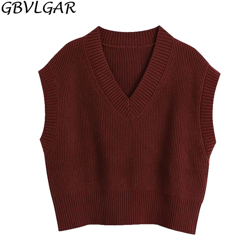 

GBVLGAR Women 2021 Fashion Loose Knitted Vest Sweater With Ribbed Trims Casual V Neck Sleeveless Female Waistcoat Chic Tops