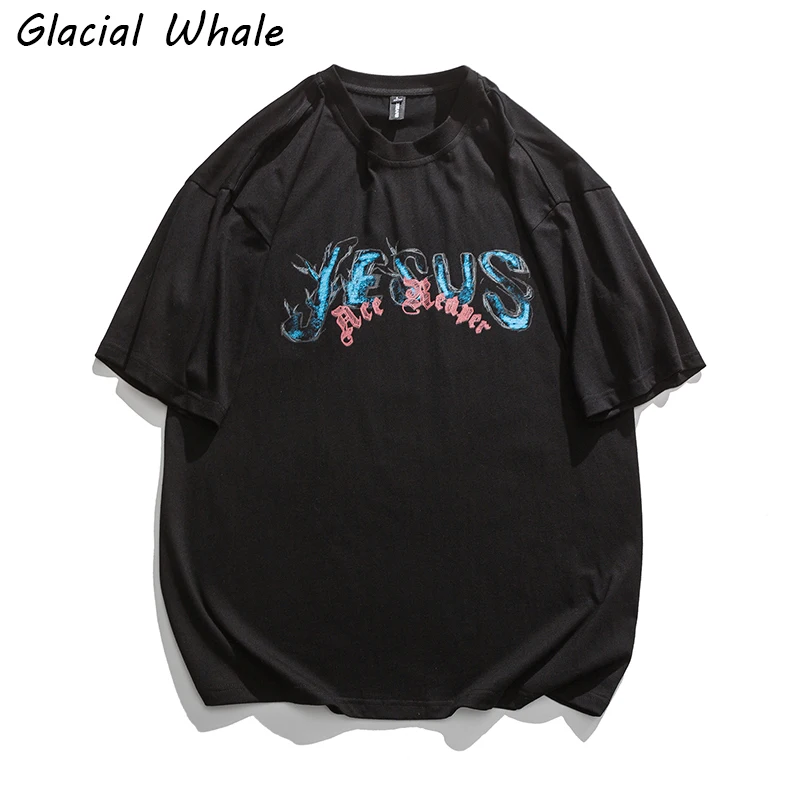 

GlacialWhale Men's Oversized T-shirt Men 2021 Summer Hip Hop Streetwear Graphic T-shirts Harajuku 100% Cotton Black Tshirt Male