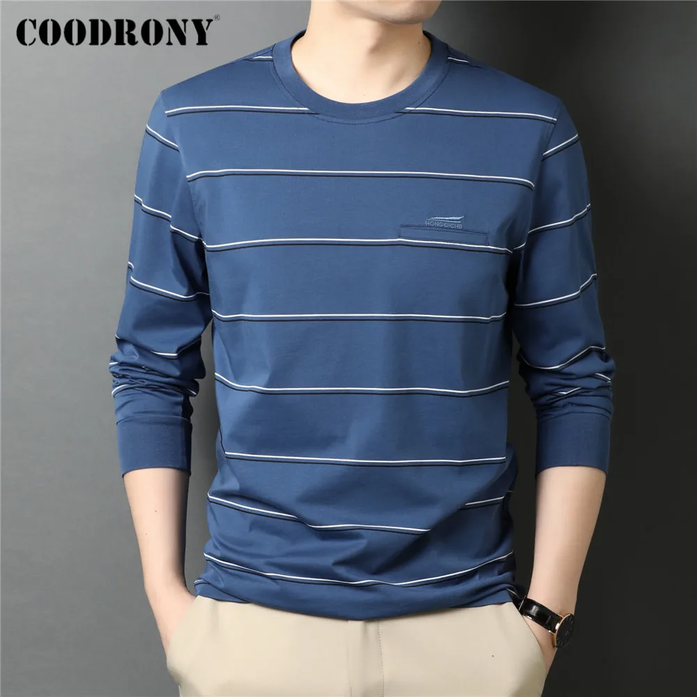 

COODRONY Spring Autumn New Arrival High Quality Fashion Striped O-Neck Tops Pocket Long Sleeve Cotton T Shirt Men Clothing C5063