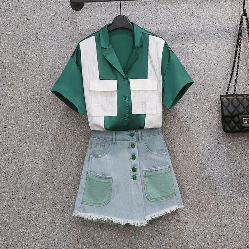 

Plus Size Women's Clothing 2021 Summer Fashion Suits Loose And Thin Stitching Shirt Woman Denim Shorts Skirt Suit Female Bottoms