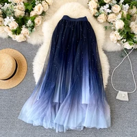 bling bling fairy starry metallic a line long tulle skirt gradient color lush puff maxi long mesh skirts