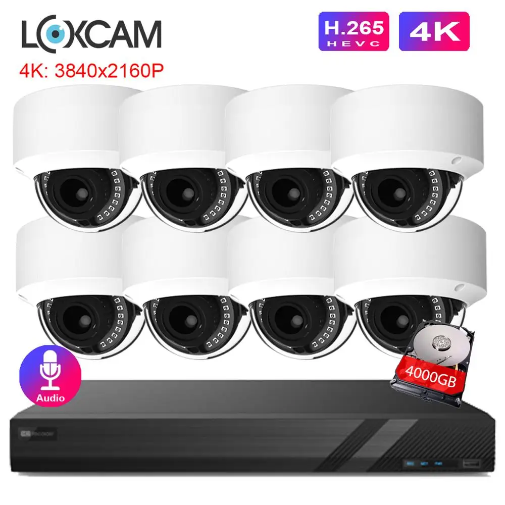 LOXCAM H.265 CCTV Аудио система 8CH 4K POE NVR комплект SONY IMX415 8MP 3840*2160P Vandalproof in/outdoor IP66 IP камера