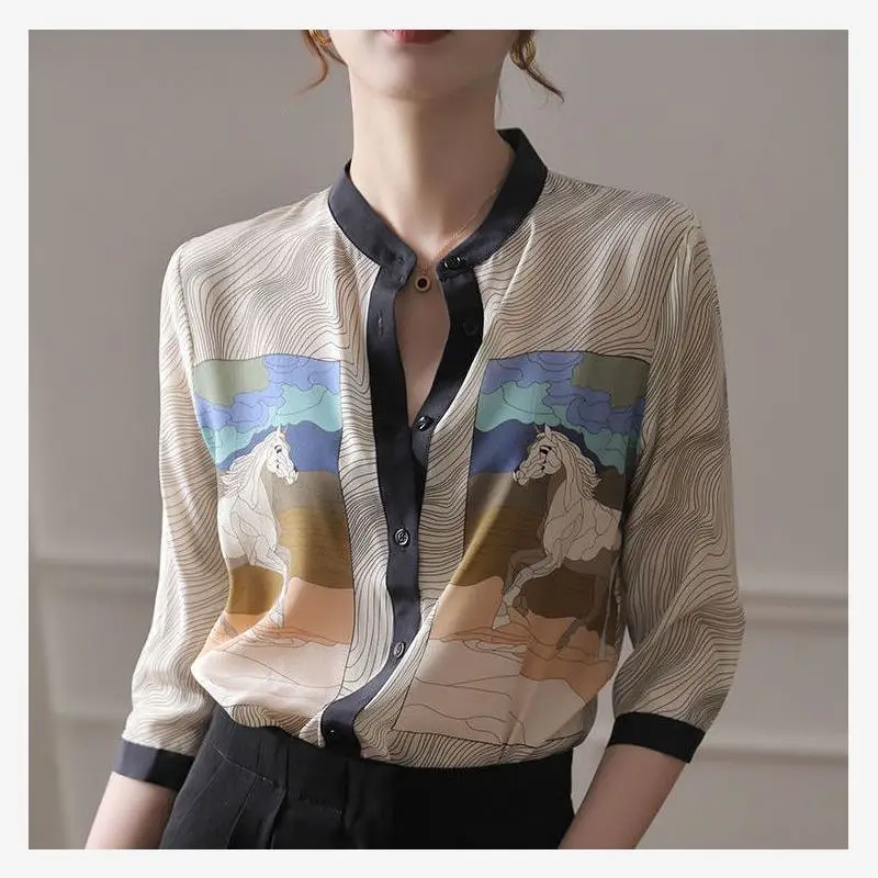 

Рубашка женская с воротником-стойкой, короткий топ с рукавом три четверти, из искусственного шелка, свободная модная блузка с принтом зебры,...