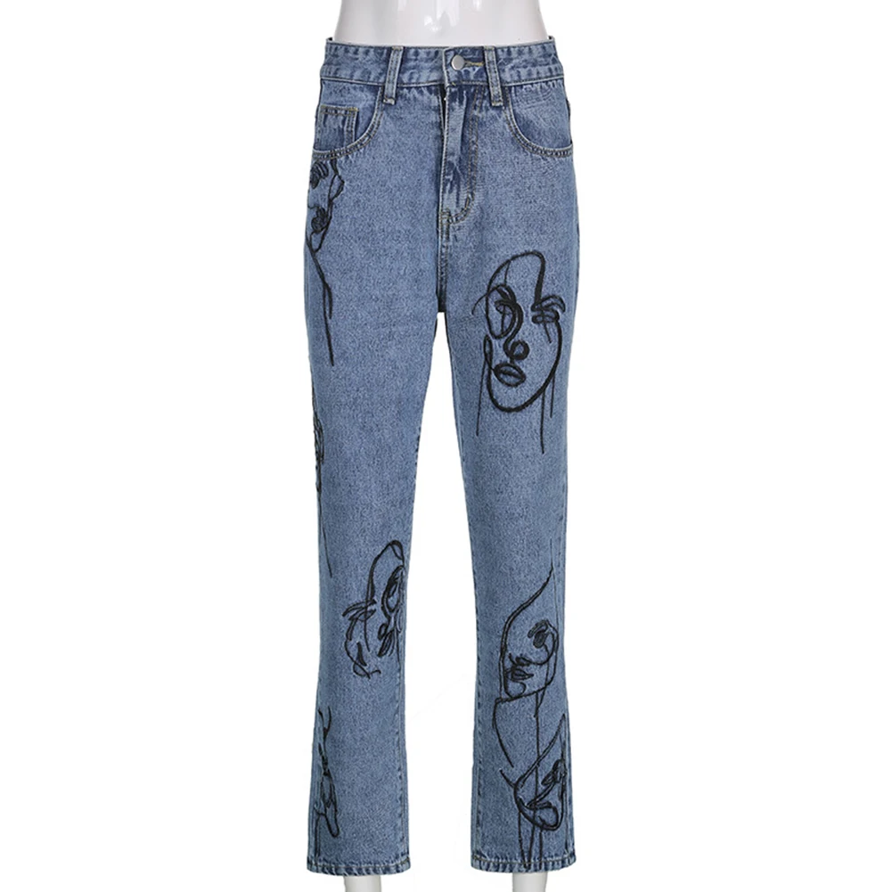 

Women Vintage Casual Jeans Basic Streetwear Abstract Face Embroidery Summer Fashion Clothes Mid Waist Long Pants