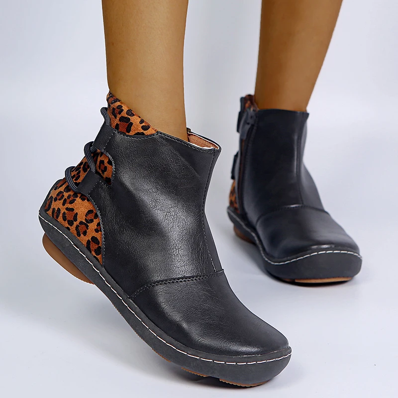 

Women's Shoes Autumn Ankle Boots Fashion PU Leather 2021 Side Zipper Ladies Botas Leopard Print Female Flat Women Footwear New