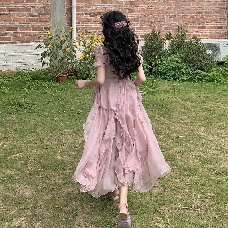 

2021 Summer Pink Elegant Casual Women's Dresses Short Sleeve Sweet Midi Dress Females Party One Piece Dress Korean Square Collar