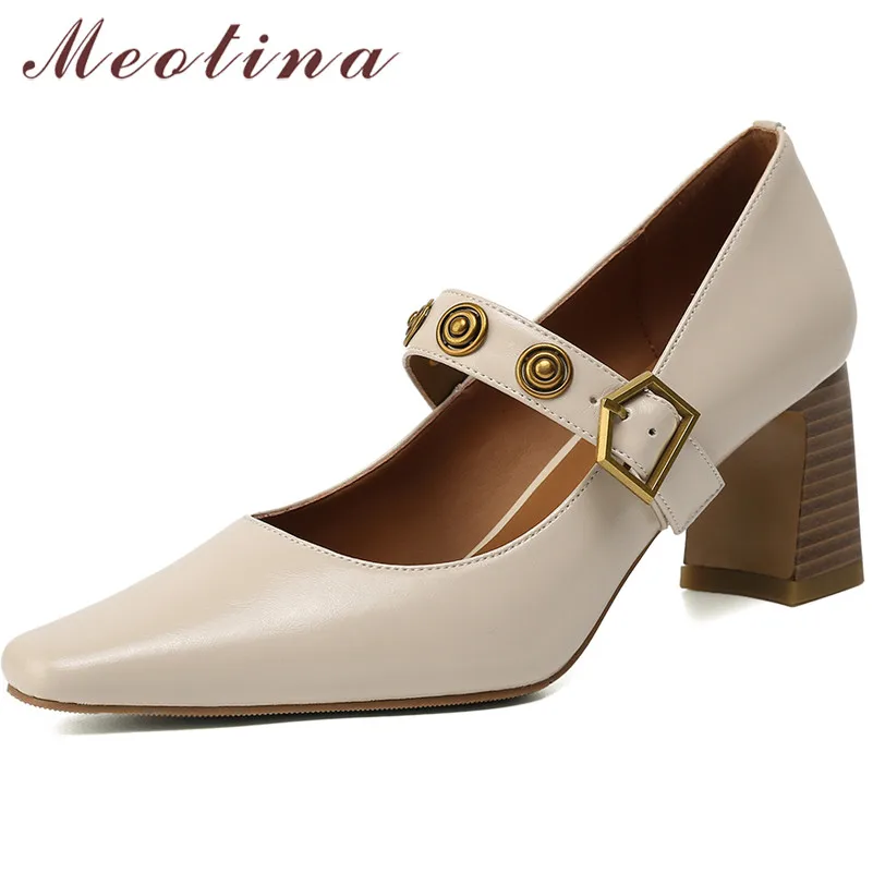 

Meotina Genuine Leather Mary Janes Shoes Women Square Toe High Heels Thick Heel Pumps Buckle Strap Ladies Footwear Beige Size 43