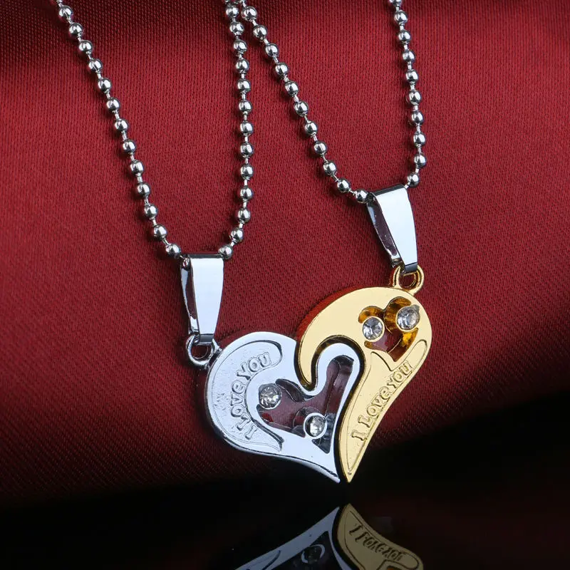 

2PCS I Love You Gold Silver Color Two Heart Pendant Necklace Charm Crystal Jewelry Lovers Couples Party Choker Bijoux
