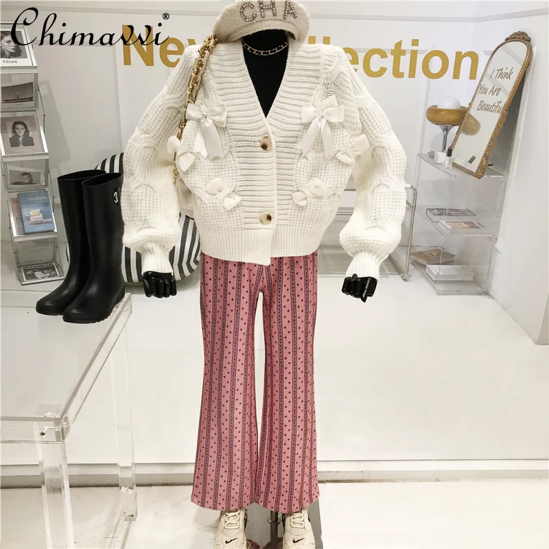 

Sweet Lazy Style Short Knitted Sweater 2021 Spring New Loose Casual V-neck Bow Decoration Cardigan Jacket Top Women