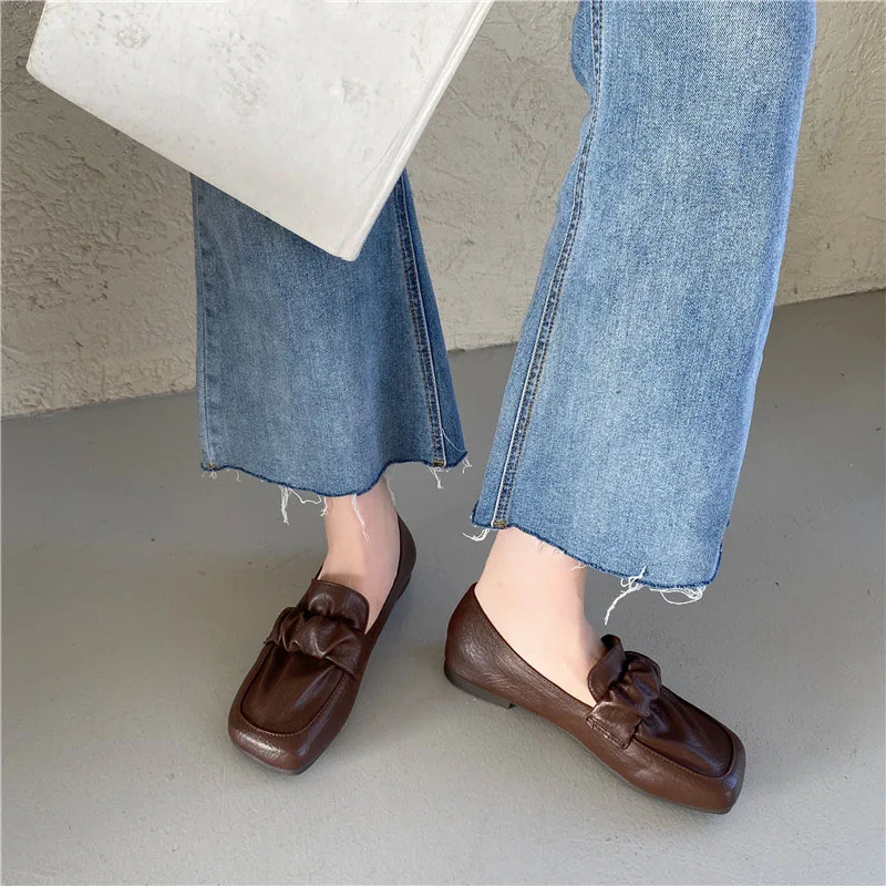 

2021 Women Flats Spring Causal Shallow Slip On Ladies Ballet Square Toe Female Pleated Loafers Soft Woman Flat Heel Dress Shoes