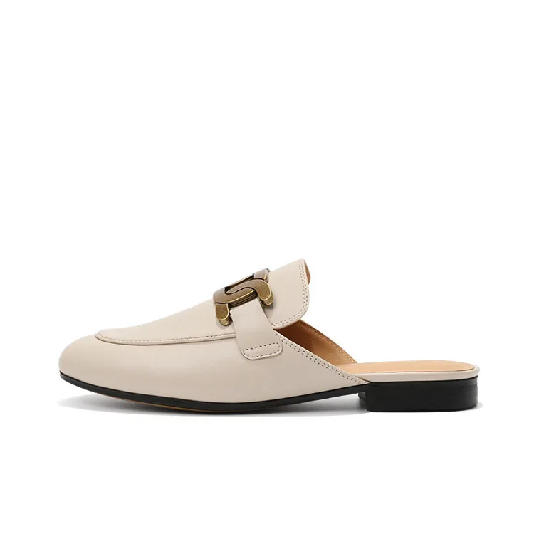 

Mules For Women 2021 Shoes Slippers Flat Slides Loafers Pantofle Low Rivet New Rome Basic PU Rubber Hoof Heels Fabric Retro
