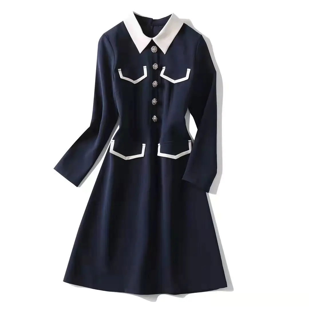 European and American women's clothing winter 2022 new Long sleeve lapel exquisite buttons Fashionable slim dress