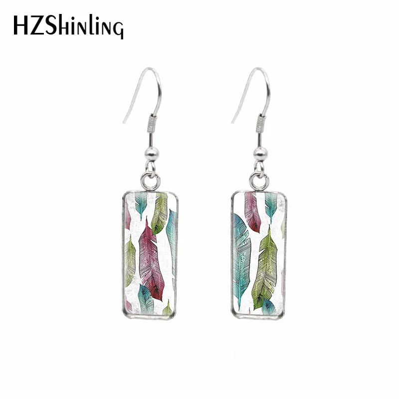 

Новинка 2021, прямоугольные серьги в виде птиц и перьев, серьги с разноцветными перьями и крючками, стеклянный кабошон, ювелирные изделия ручн...