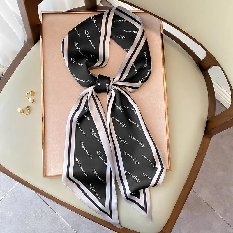 

2021 New Letter Print Silk Scarf Women Spring Narrow Long Scarfs Ladies Double Small Neck Scarfs Tying Hair Band Female Headwear