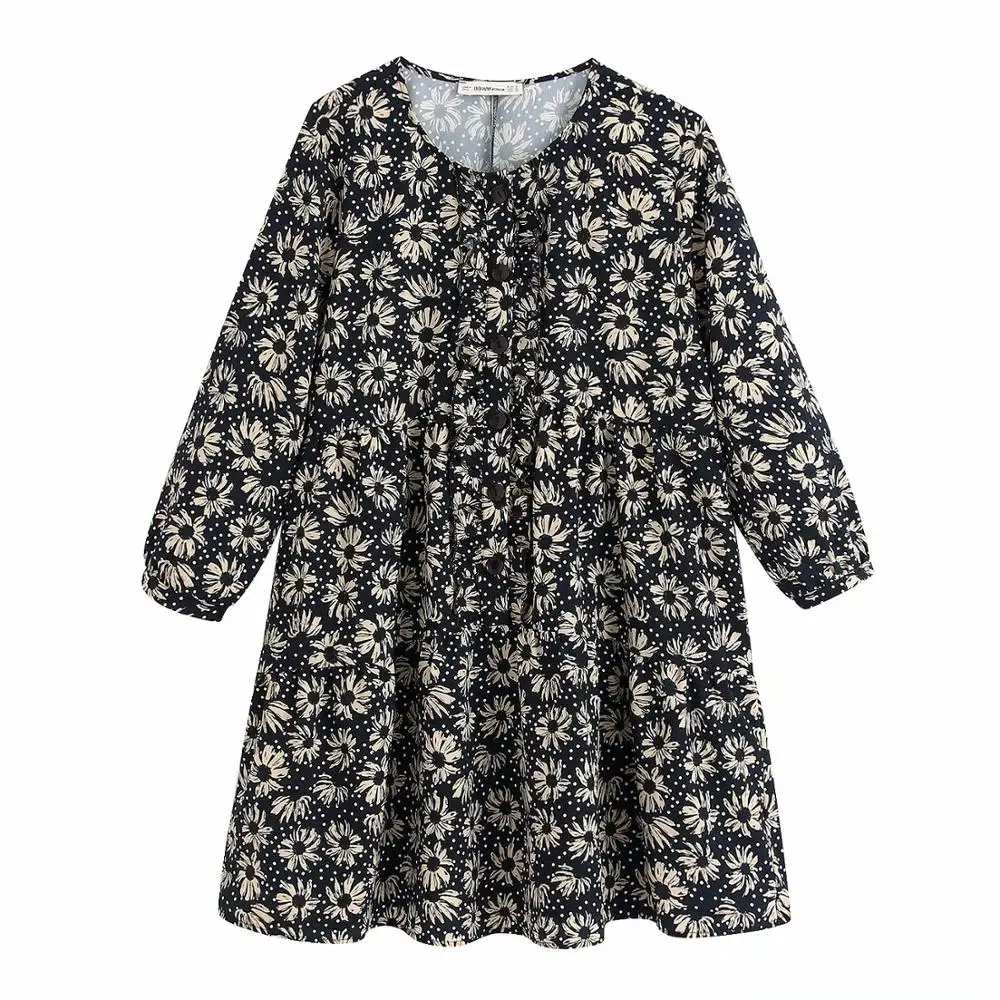 Новое Женское мини-платье в горошек с круглым воротником и цветочным принтом