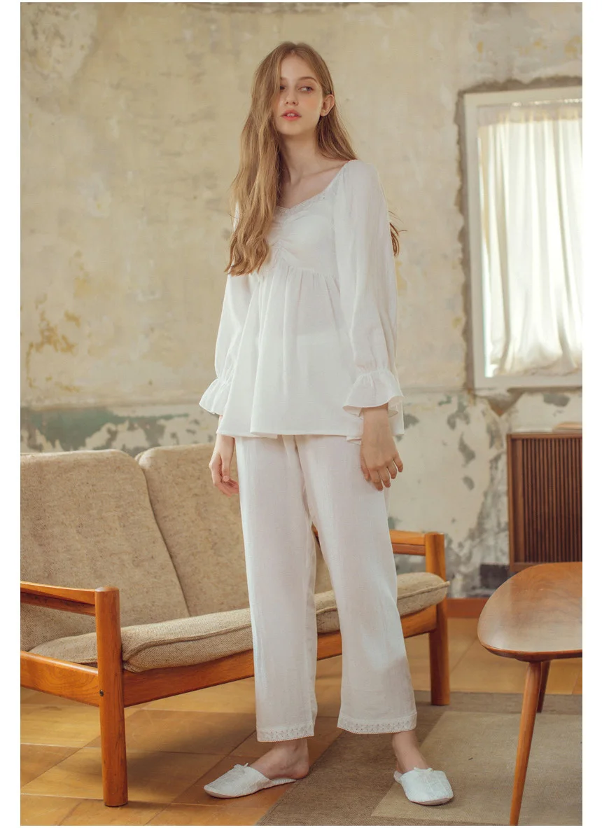 IZICFLY весна осень новый стиль белые пижамы наборы с длинным рукавом Брюки Ночная