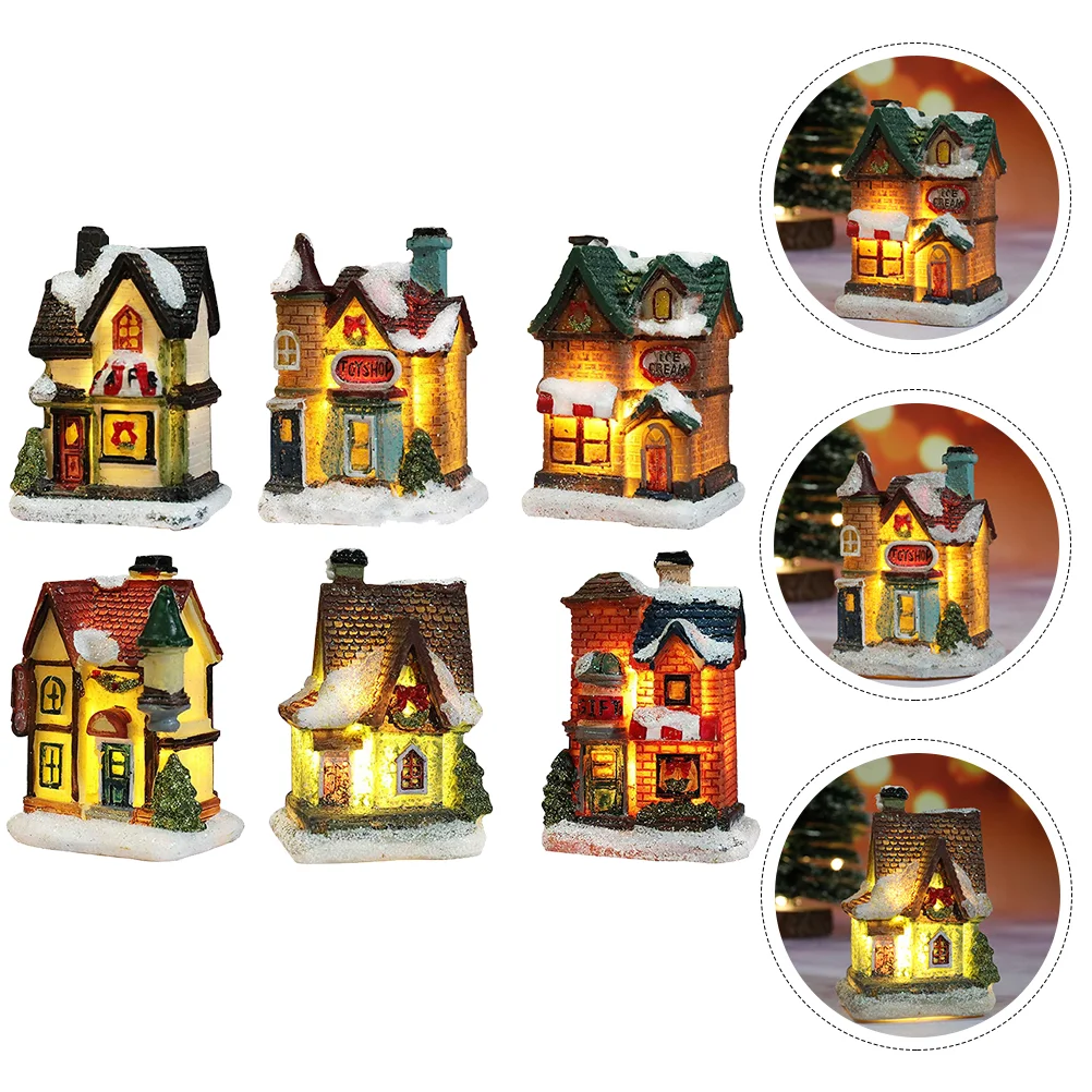 

6Pcs Xmas Flashing House Decors Resin Craft Adornments Desktop Decors Xmas Gifts