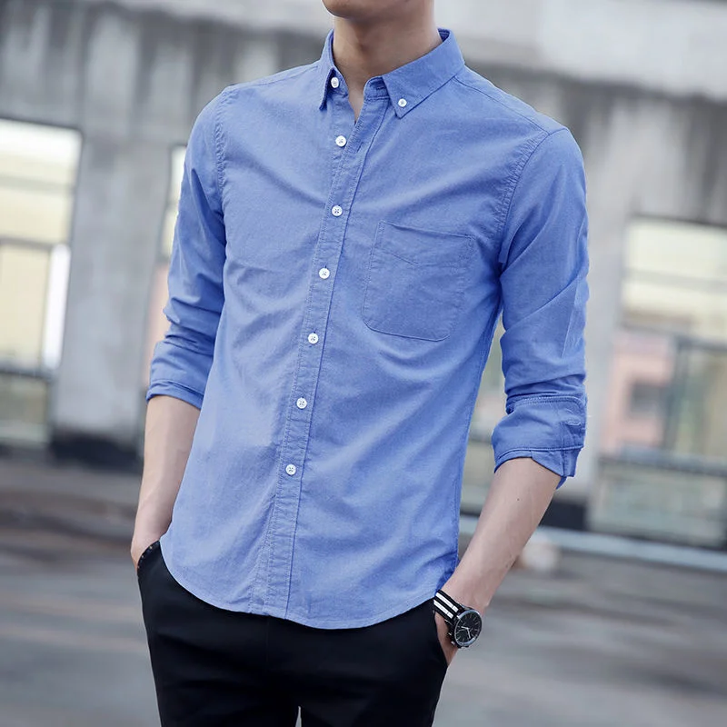 

2021 summer thin long sleeve shirt men's casual Korean Trend slim young and middle-aged bottom Oxford spinning white shirt