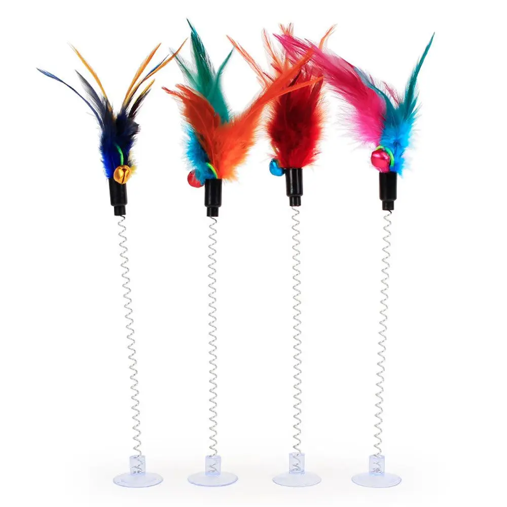 

Cute Pet Tool Multi-Color Elastic Scratcher Cat Interactive Sucker With Bell Spring Toy Feather Stick