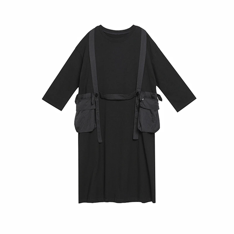

Plus Size Cotton Pocket Patchwork Women Dress New Black Fashion Round Neck Three Quarter Sleeve Loose Dress Clothes Summer 2021