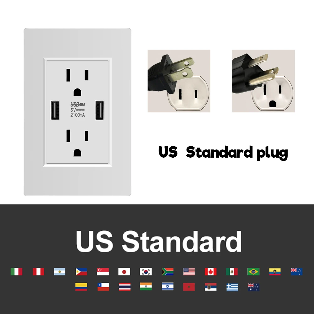 Стандарт США двойная USB настенная розетка, двойная 2.1A универсальная розетка порт адаптер питания розетки, устойчивая к трамбовкам дуплексная розетка