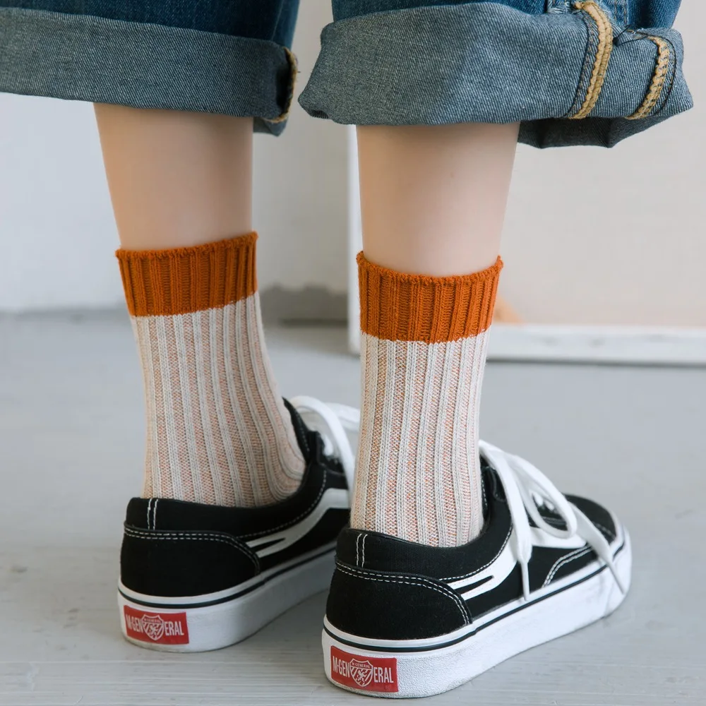 Woman Solid Cotton Socks Multi Cuff Girls Ribbed Socks Sport Socks Warm Winter Socks Crew Socks Female Ankle Socks 5 Pairs/ lot