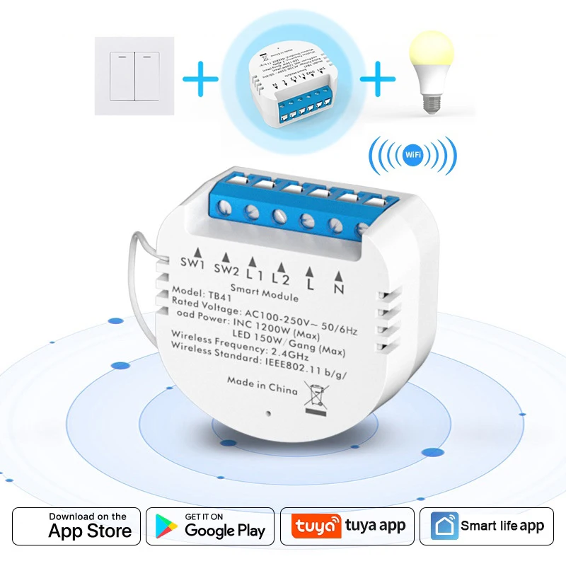 

Беспроводной переключатель 2CH Tuya, модуль переключателя Wi-Fi, приложение Smart Life, дистанционное управление, «сделай сам» Умный дом, реле 2 клавиш...