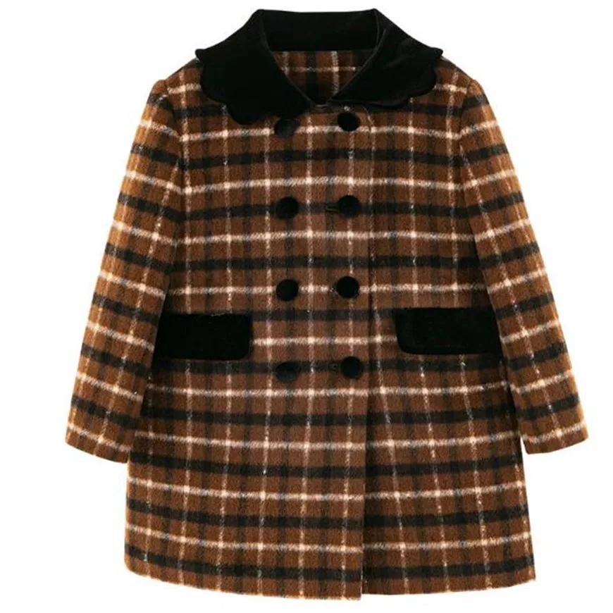 

Зимнее винтажное пальто в клетку для маленьких девочек, шерстяное пальто в стиле Endland, детская плотная теплая двубортная верхняя одежда с бархатной строчкой