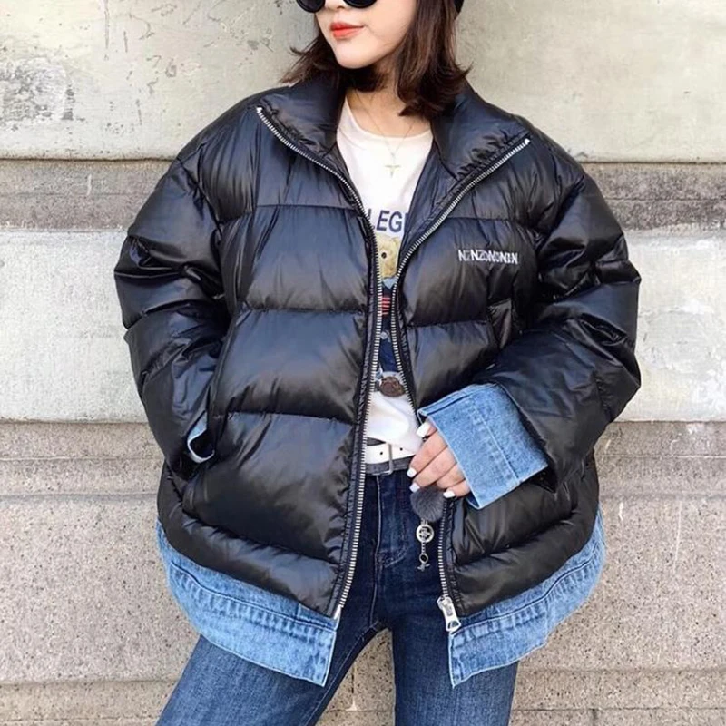 Белое пуховое пальто для женщин Джинсовая Лоскутная Глянцевая верхняя одежда