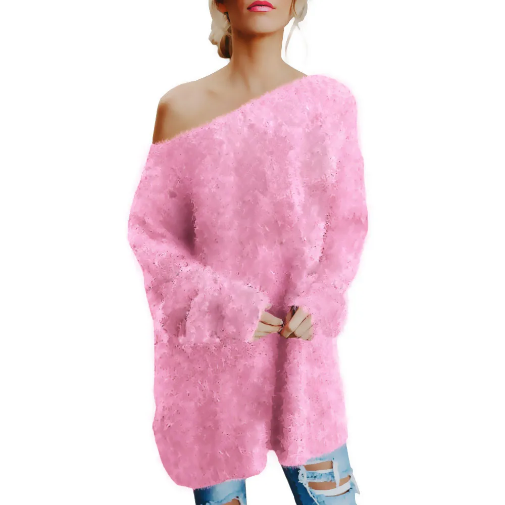 Women Long Sleeve Sexy Off Shoulder Sweater Faux Fur Blouse Top Sweaters 2019 Winter Tops Knitted C3098 | Женская одежда