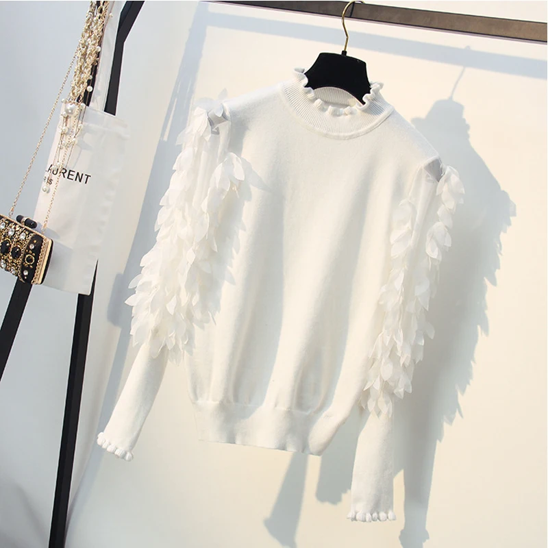 

BabYoung Ruffled Collar Knitted Women Sweater Spring Loose Jumper Fashion Ruched Flowers Sleeves Sweater Pullover Femme Pull