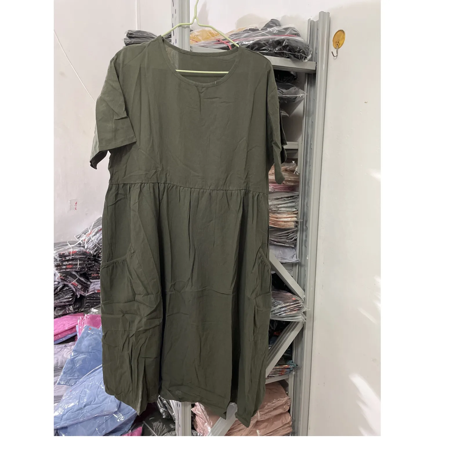 

Women Vintage Linen Dress 2021 Summer O Neck Short Sleeve Solid Color Pockets Casual Loose Midi Dresses Oversized Vestidos