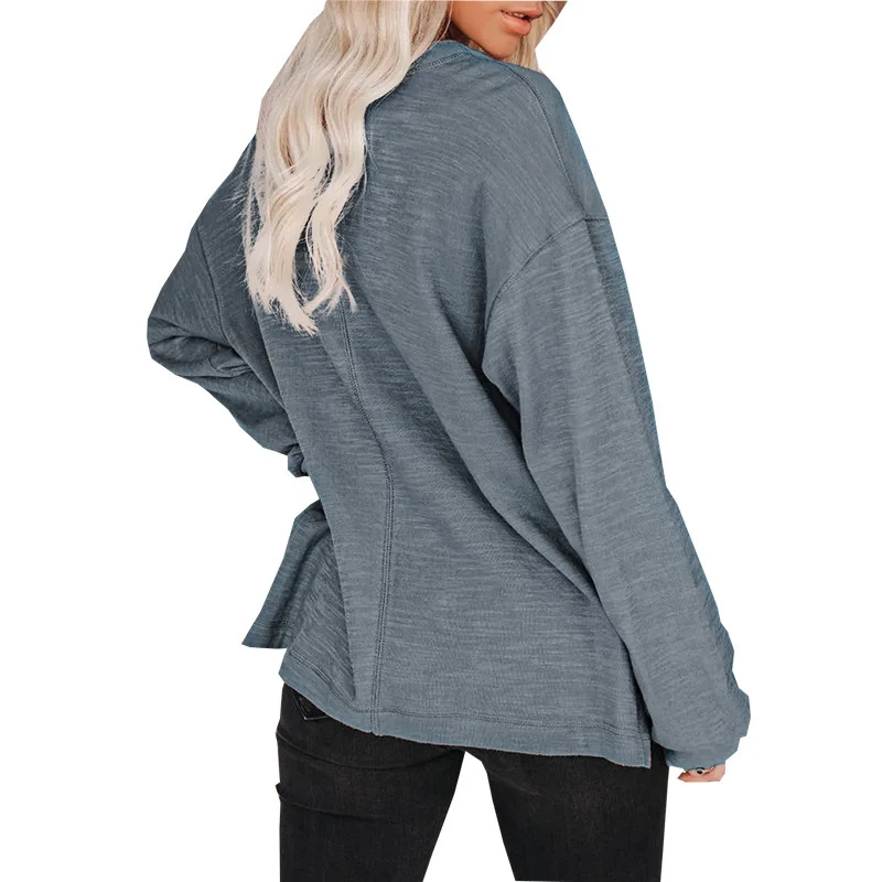 

Fashion New Hot Women Autumn Winter Cotton Half-lapel Buttons Hoodie Ladies Casual Loose Lantern Long Sleeve Shirts Tee Tops