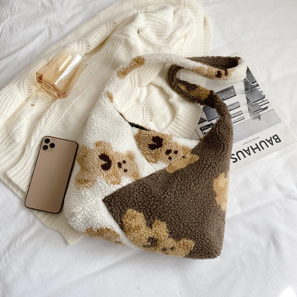 

Women Plush Shoulder Bag Autumn Winter Warm Cloth Designer Handbags ​Soft Canvas Tote Large Capacity Cute Bear Shopper Bags