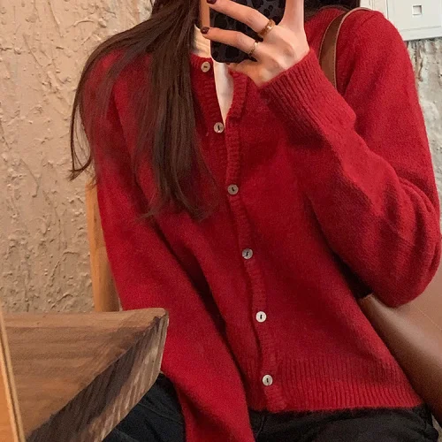 Однотонная вязаная теплая Мягкая шерстяная однобортная Женская свитер разных