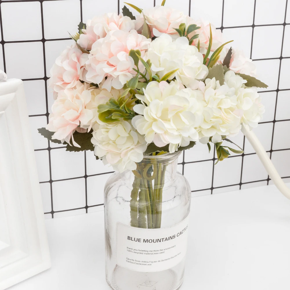 

Silk Hydrangeas Artificial Flowers High Quality White Wedding Flowers Small Bouquet Fake Flower Party Home for Decoration Pink