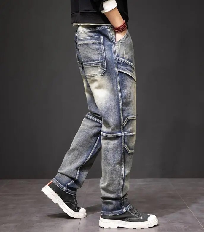Men Jeans Distressed Big Pocket Jeans Loose Baggy Denim Pants Loose Straight-Leg Tactical Pants Man Cargo Jeans Size 29-44