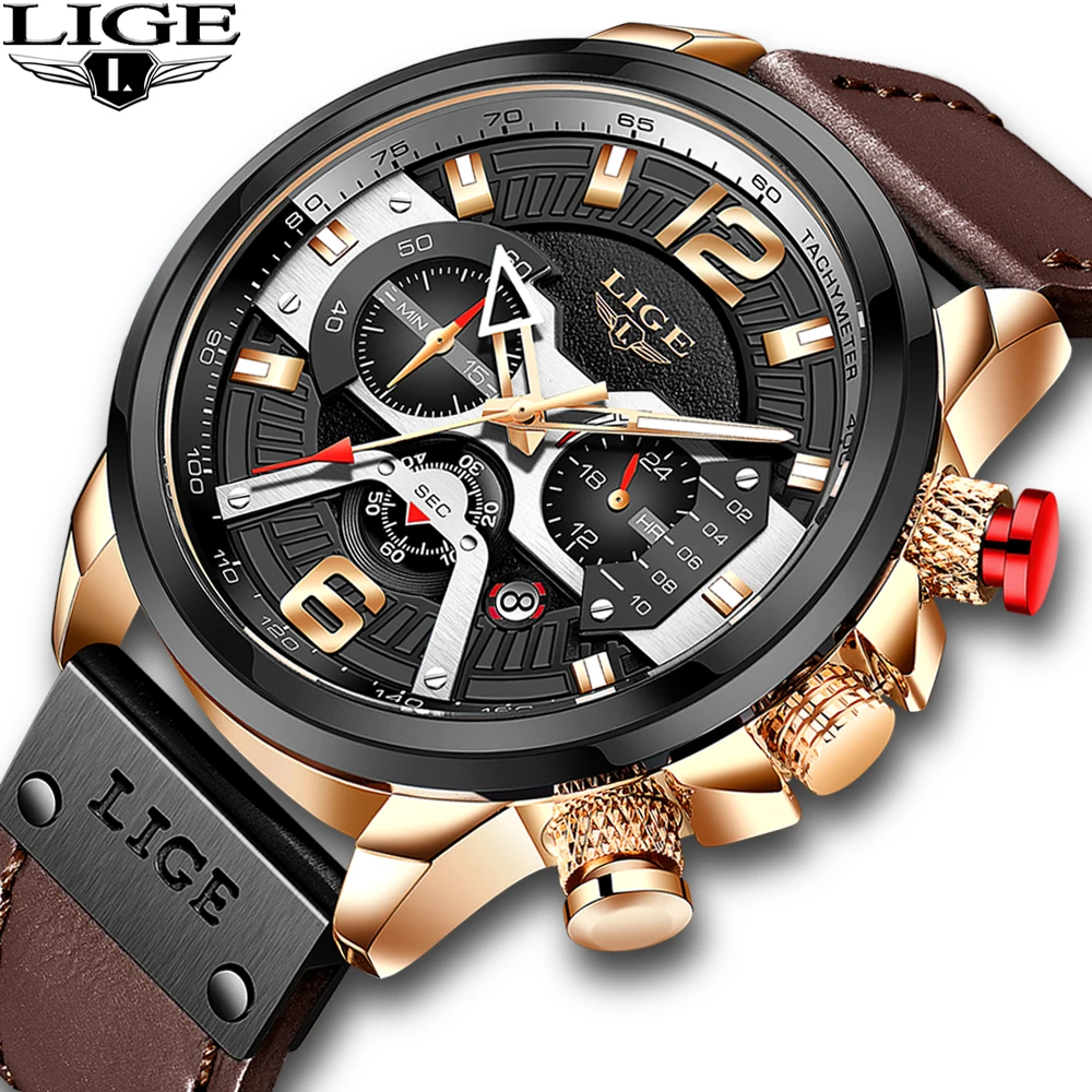 LIGE Casual Sport Watches for Men brown Top Brand Luxury Military Leather Wrist Watch Man Clock Fashion Chronograph Wristwatch megir casual sport watches for men top brand luxury military leather wrist watch man clock fashion chronograph wristwatch brown